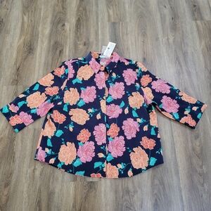 Chico's 16/18 XL Petite Womens No Iron Button Up Shirt Effortless Woven Floral